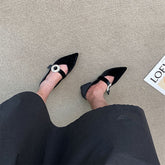 Pointed Toe Suede Rhinestone Buckle Mary Jane Shoes Oshnow